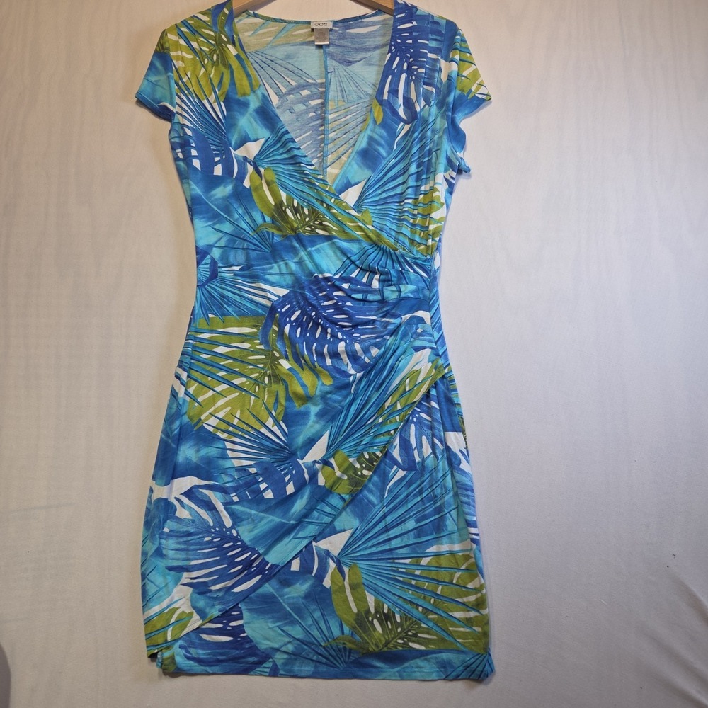 Cache XL Blue Green Tropical Palm Leaf Faux Wrap Sheath Dress Stretch Midi